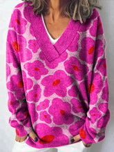Vibrant Pink Floral Pattern Printed Knit V-Neck Pullover Sweater